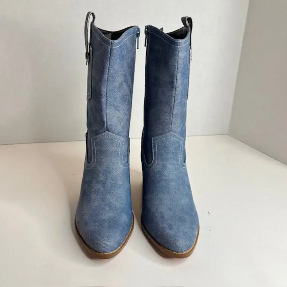 Yoki Denim Style Western Boots Blue Chambray Pointed Toe Size 6.5 New Cowboy
